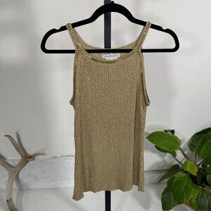 Y2K Adrianna Papell Evening Essentials Gold Metallic Beaded Knit Tank Top Size L